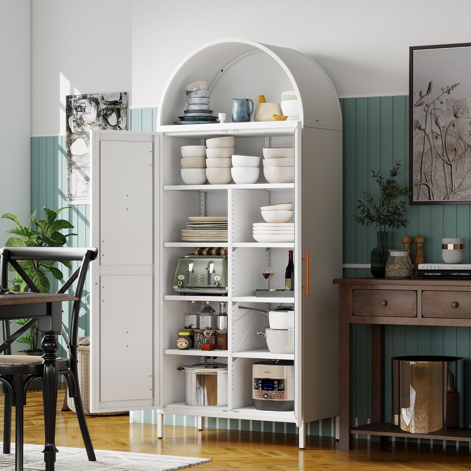 73 Tall Arched Kitchen Pantry Cabinet with 6 Adjustable Shelves, Farmhouse Metal Storage Cabinet with 2 Doors, Reinforced Rice-Shaped Embossed Panels, Tall Pantry Storage for Home Office