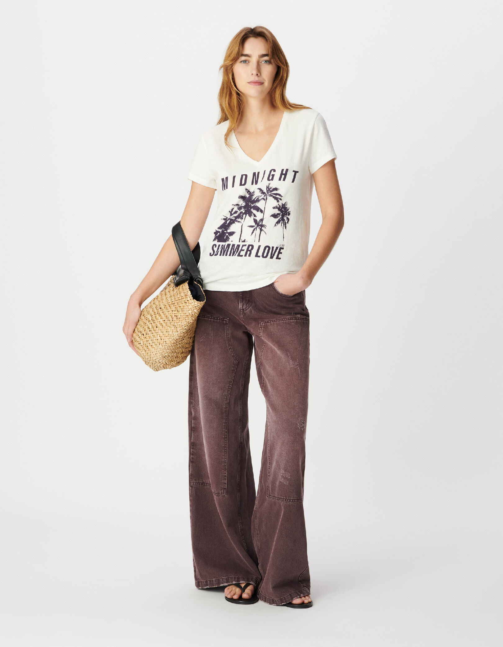 Tee-shirt col V blanc visuel palmiers Femme