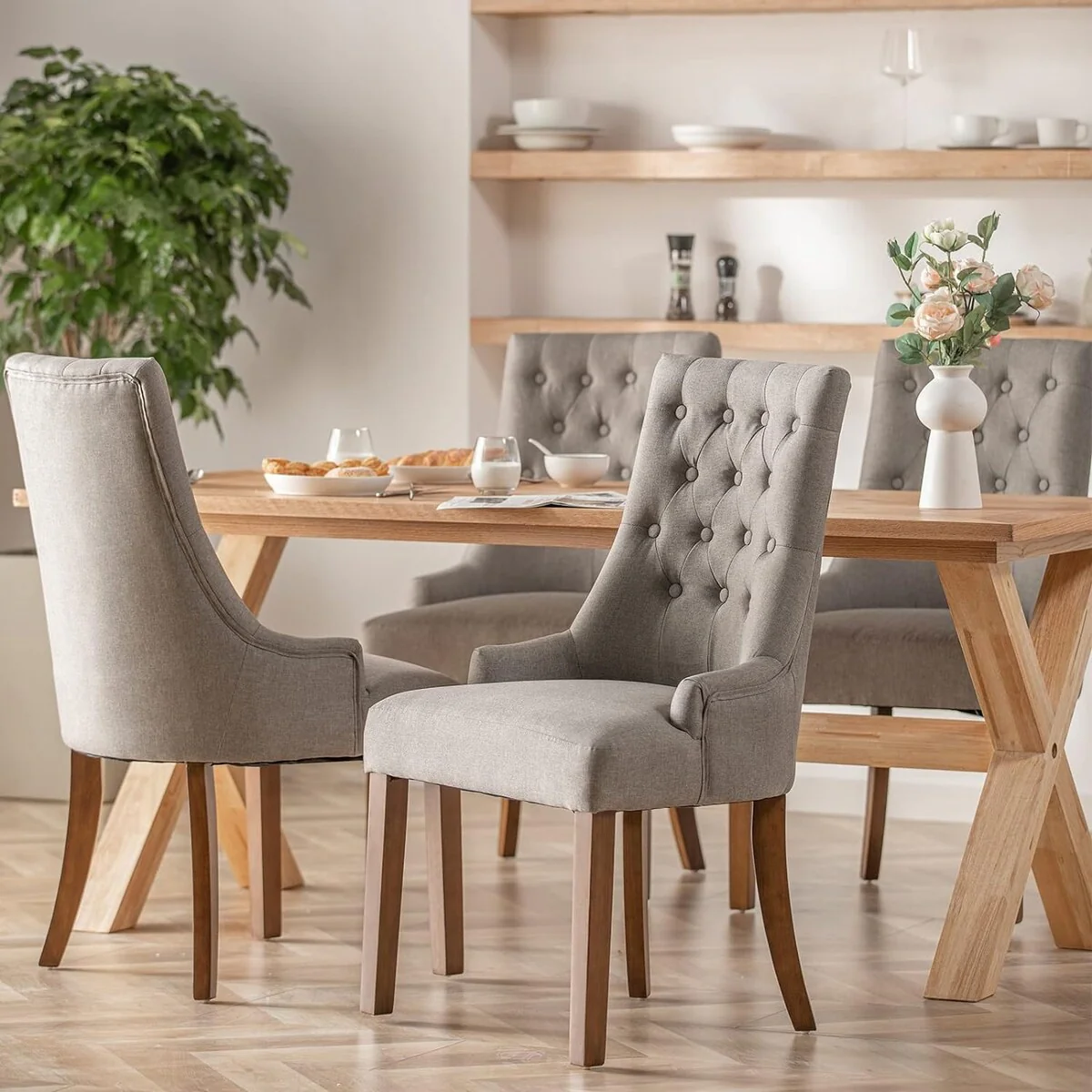 Wingback Upholstered Dining Chairs Set of 2, Fabric Side Dining Room Chairs with Tufted Button