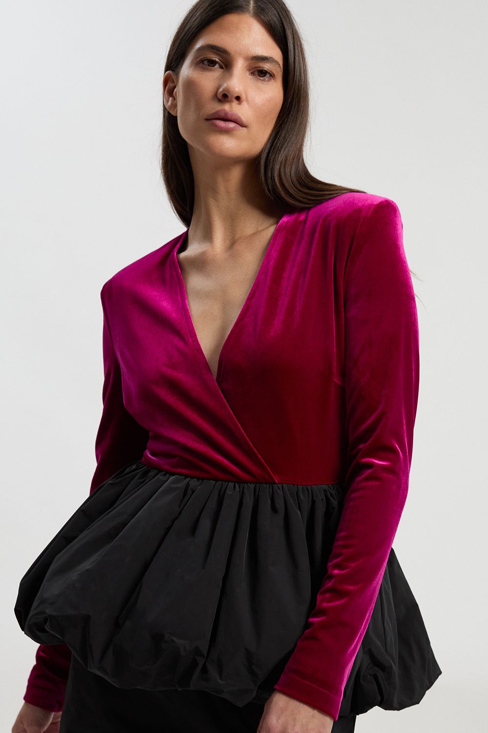 KarenMillen Velvet Plunge Neck Taffeta Peplum Long Sleeve Mini Dress