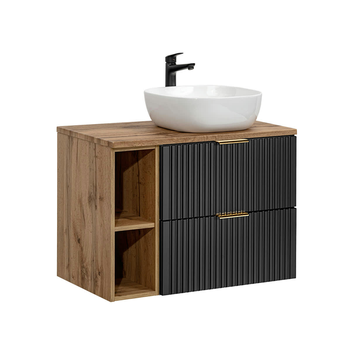 - Meuble simple vasque 80cm 2 niches noir et naturel