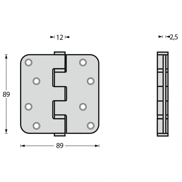 Scharnier, 89x89x2,5 mm bis 70 kg abgerundet