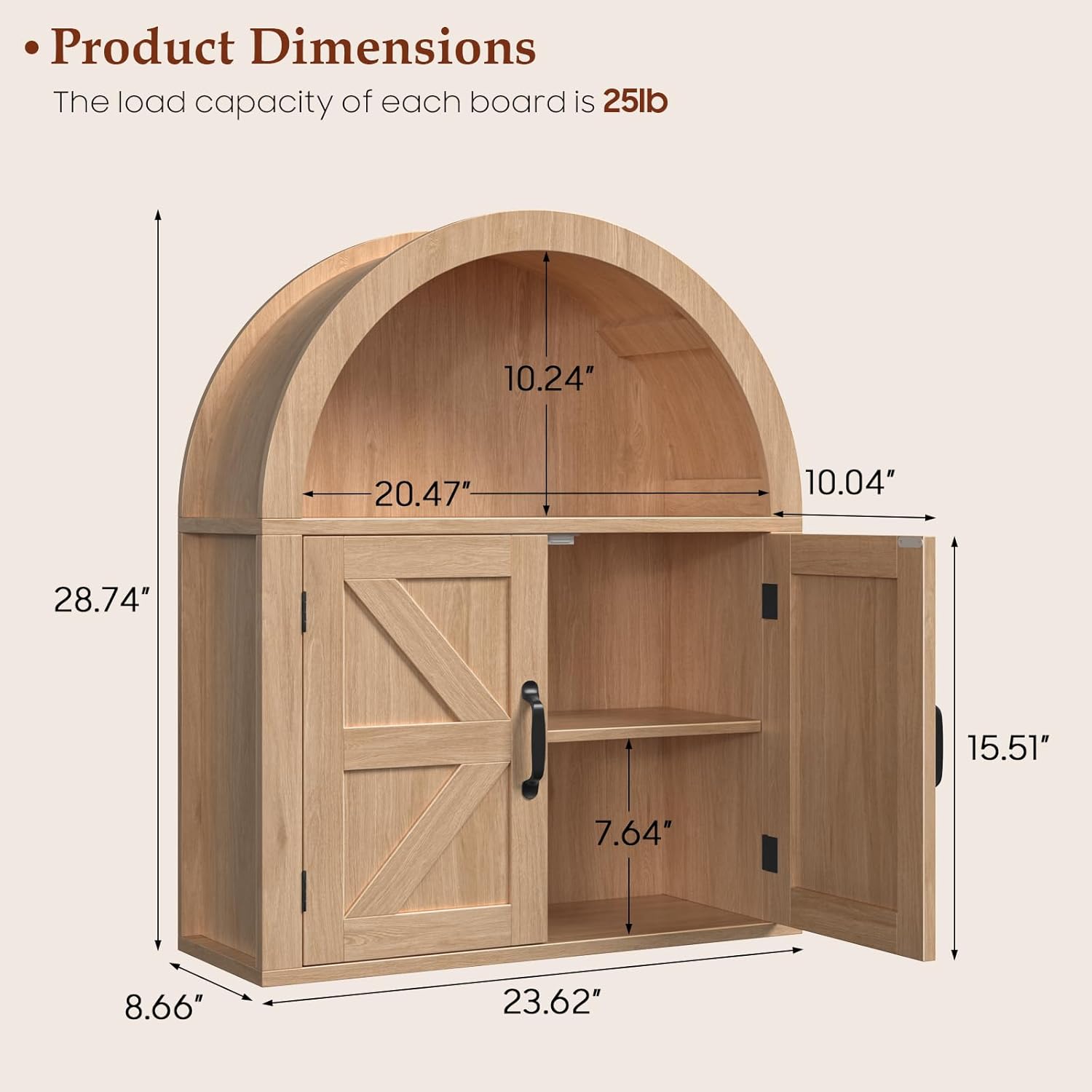 Halitaa Arched Bathroom Wall Cabinet, Farmhouse Medicine Cabinet with Barn Door and with Adjustable Shelf, 23.6 x 28.7'' Wooden Storage Cabinet Wall Mounted for Bathroom Laundry Room Kitchen, Natural