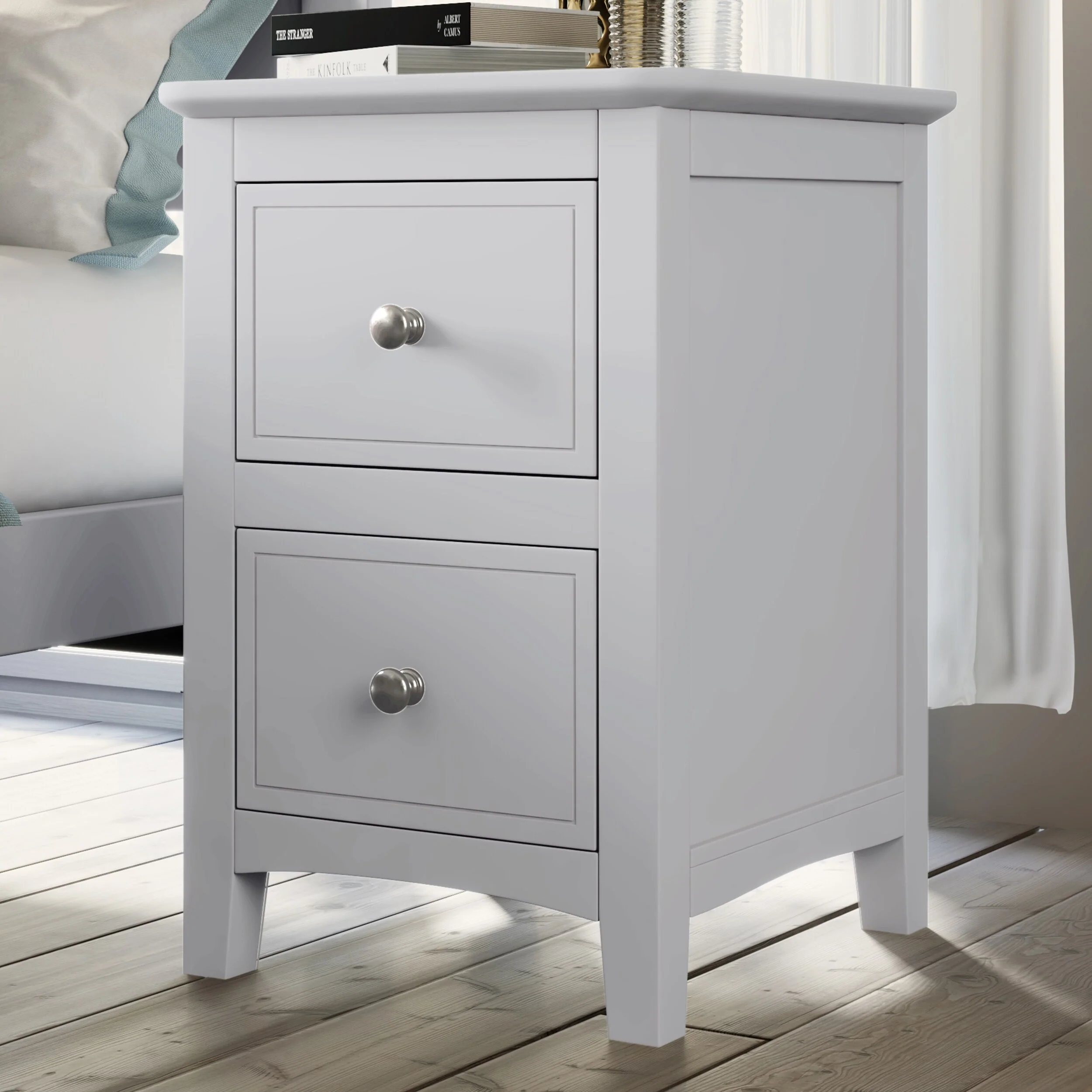 Farmhouse Nightstand with 2 Drawers Storage Cabinet with Metal Handle and Solid Wood Legs Side Table