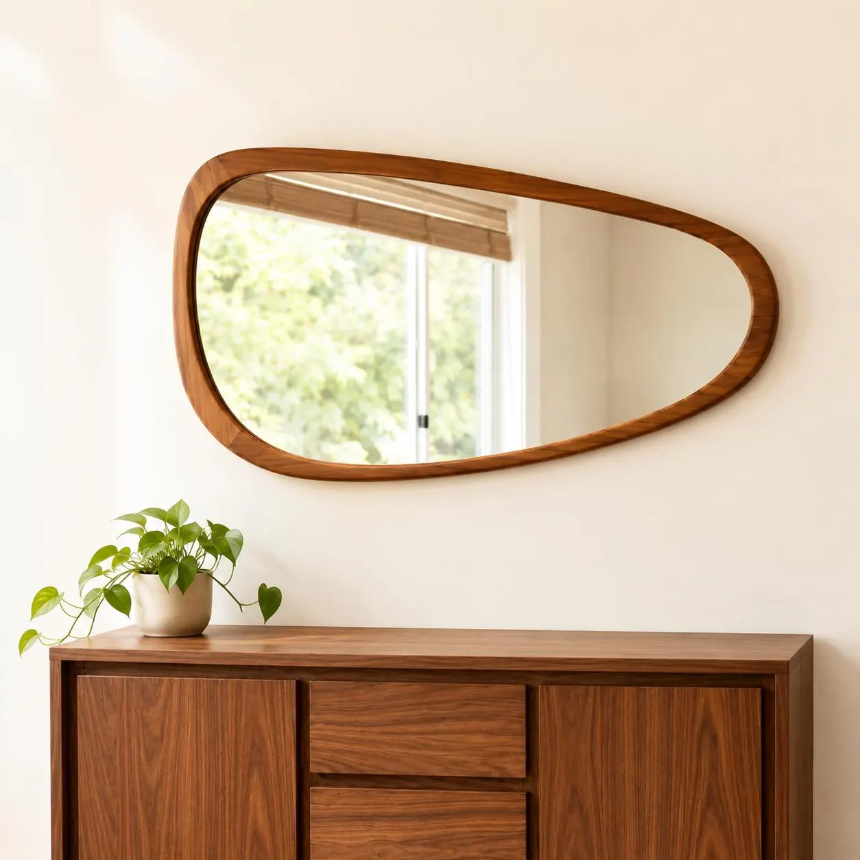 Wabi Sabi Large Mirror, Solid Wood Irregular Wall Mirror with Warm Walnut Finish