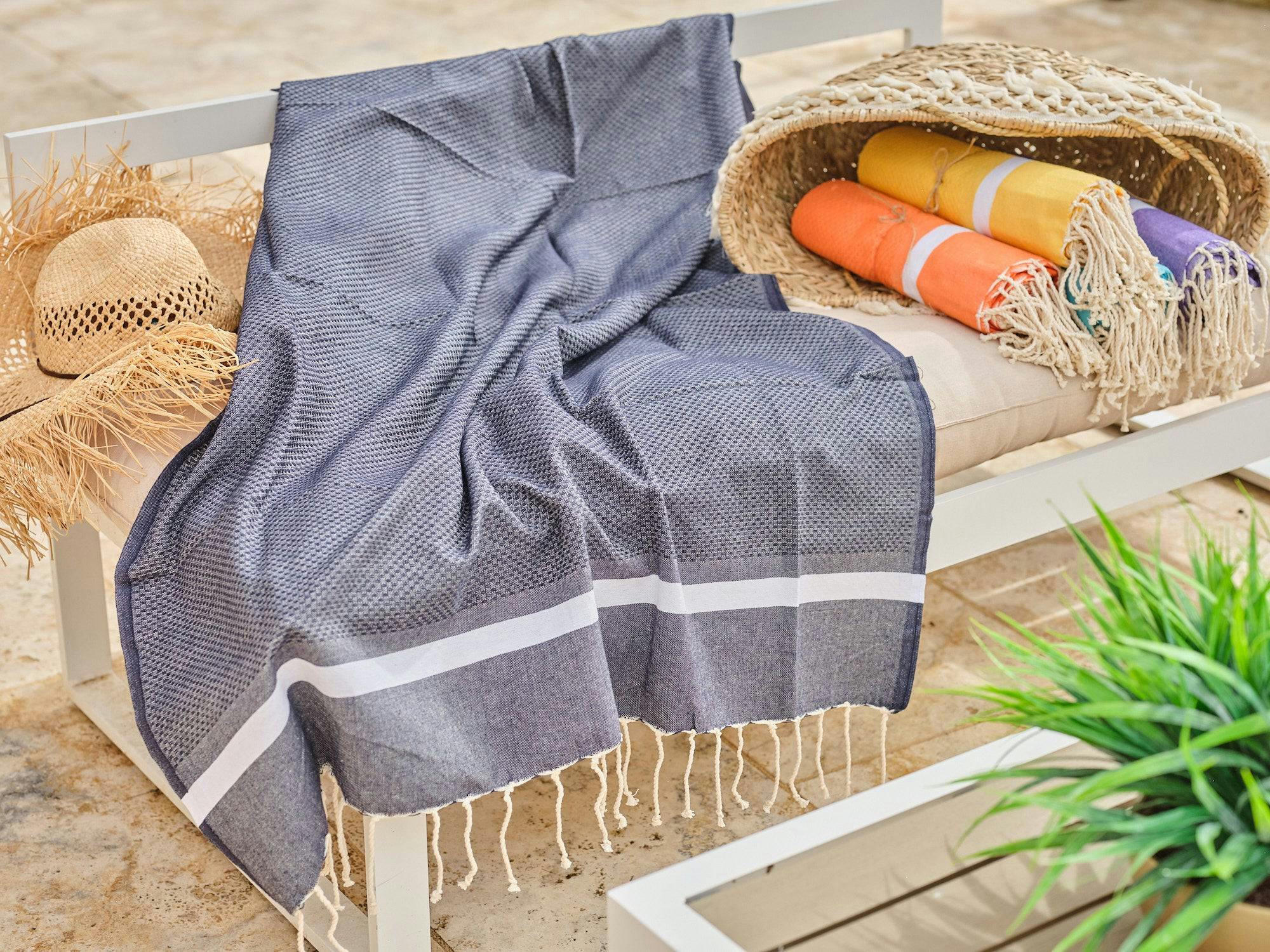 - Fouta en coton tissage nid d'abeille 100x200cm bleu ardoise