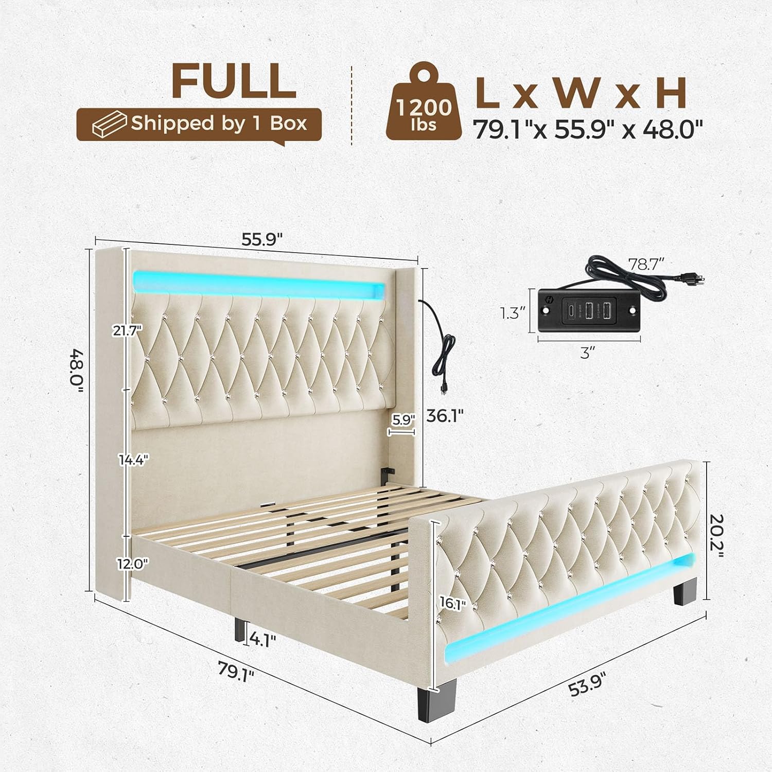 Rolanstar Full Bed Frame with LED Light and Charging Station, Upholstered High Headboard and Footboard, Wood Slats, Noise Free, Easy Assembly, Beige
