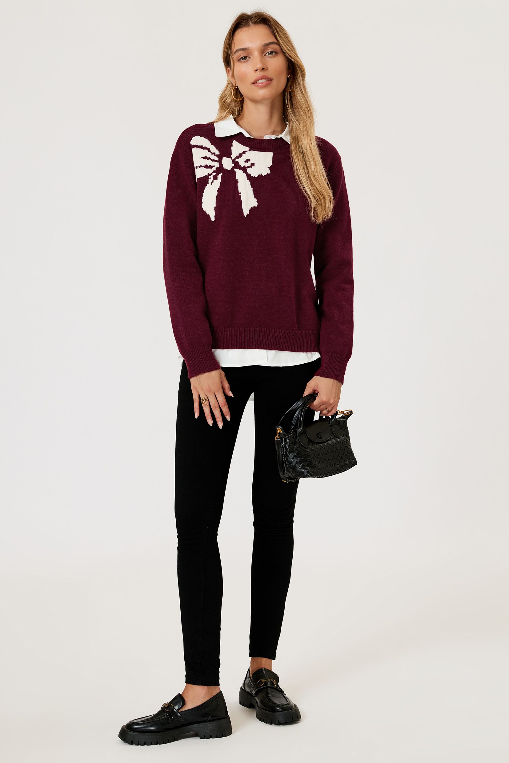 FS Collection Bowknot Pattern On Shoulder Knit Jumper Top In Wine