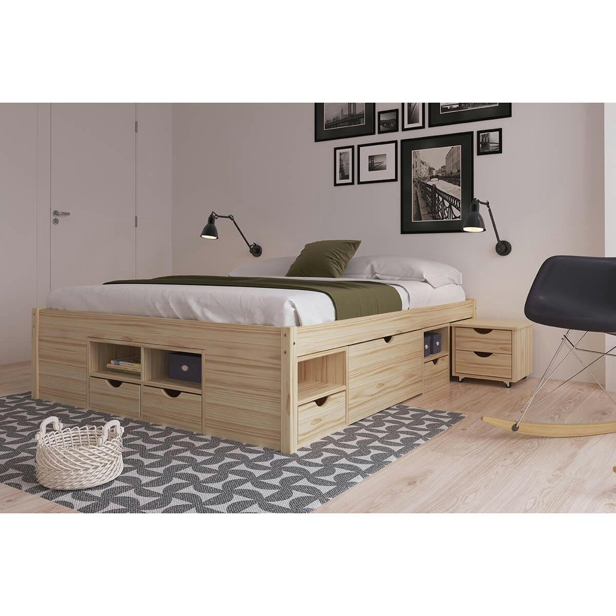 CALI - Lit  160x200cm multi-rangement bois massif