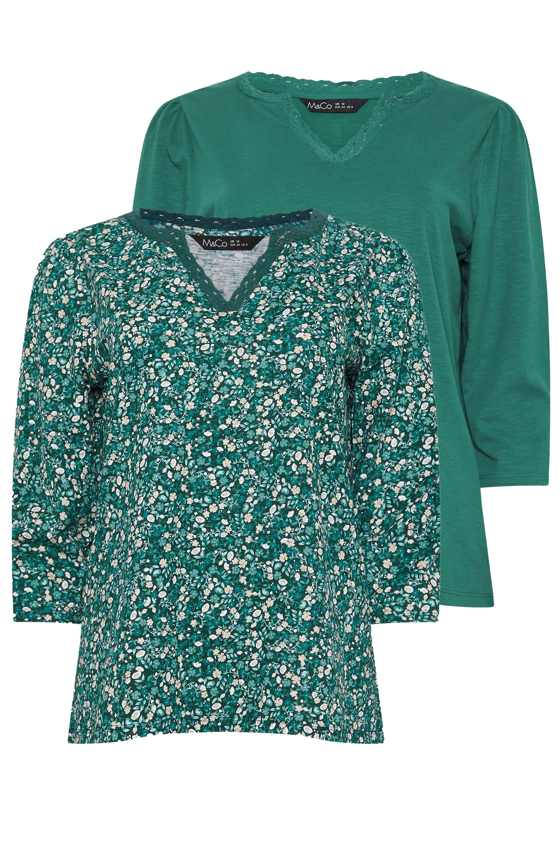M&Co 2 Pack Printed & Plain Lace Trim Cotton T-Shirts