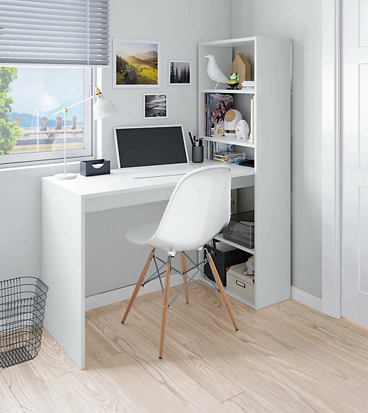 Bureau Dacarte, Bureau multifonction réversible avec bibliothèque 5 étagères, Table d'étude, 120x53h144 cm, Blanc