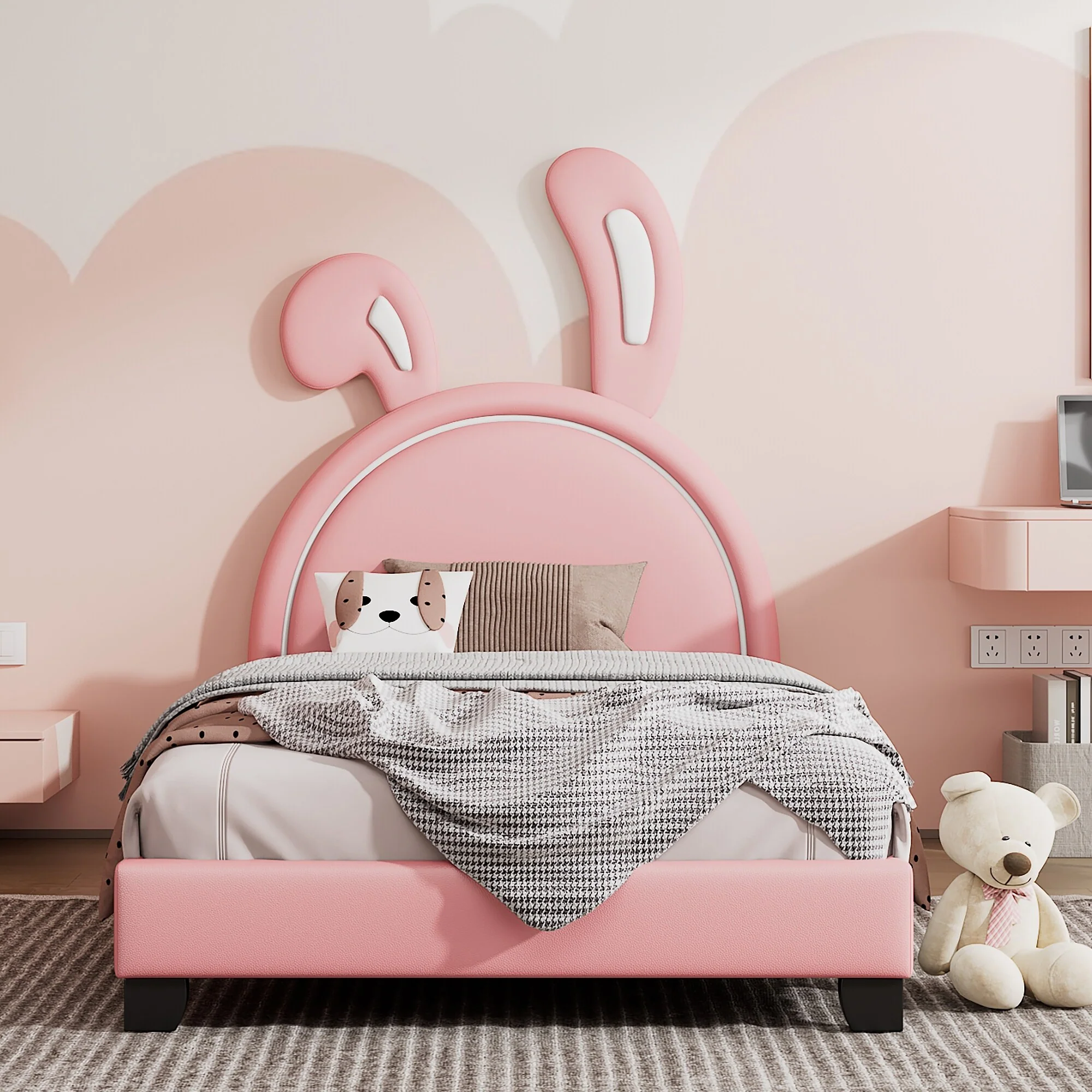 PU Leather Upholstered Bed Twin Platform Bed with Rabbit Headboard
