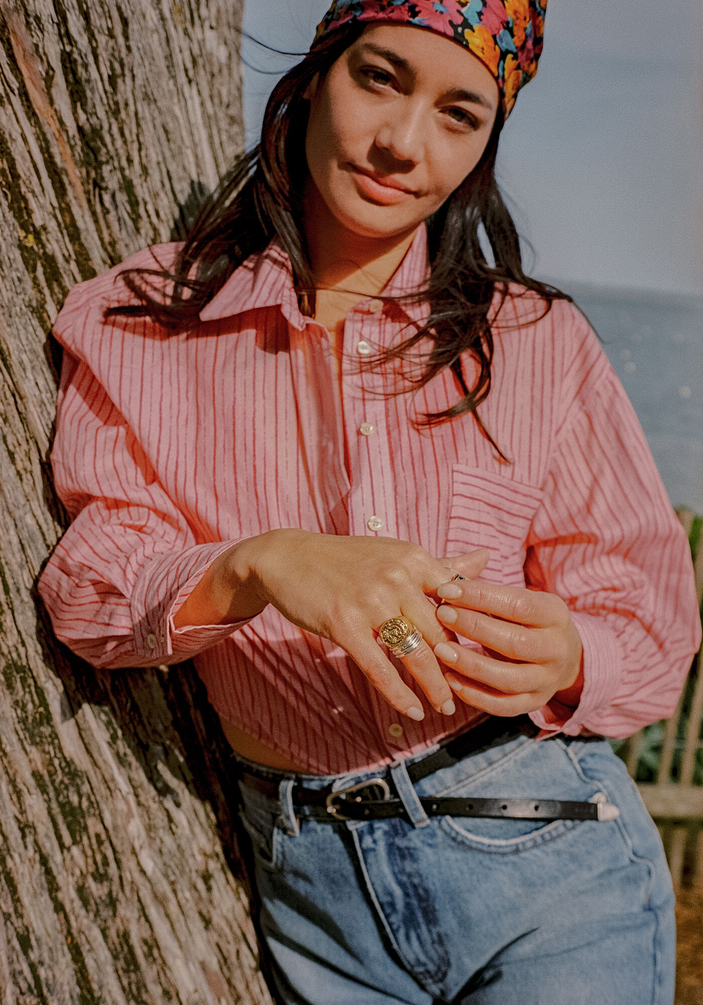 Chemise rayée rose et rouge cropped Femme