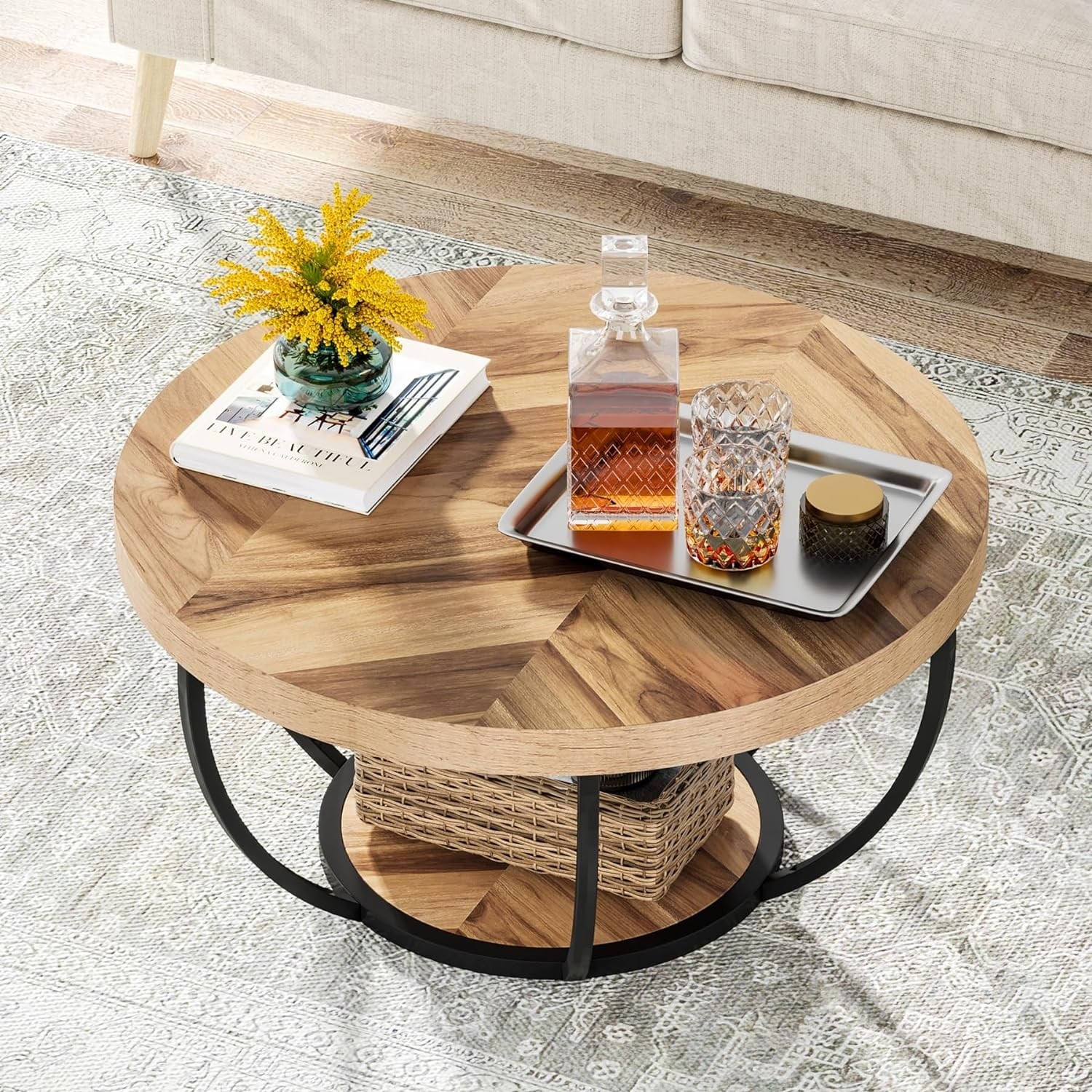 31.7 Round Coffee Table, Rustic 2-Tier Center Table with Storage Open Shelves