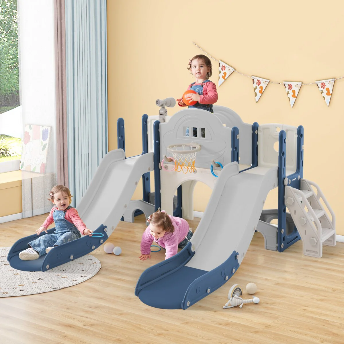 Kids Slide Playset Structure 7 in 1,Spaceship Set with Slide,Arch Tunnel,Ring Toss,Basketball Hoop,2 Slides,Climbers Playground