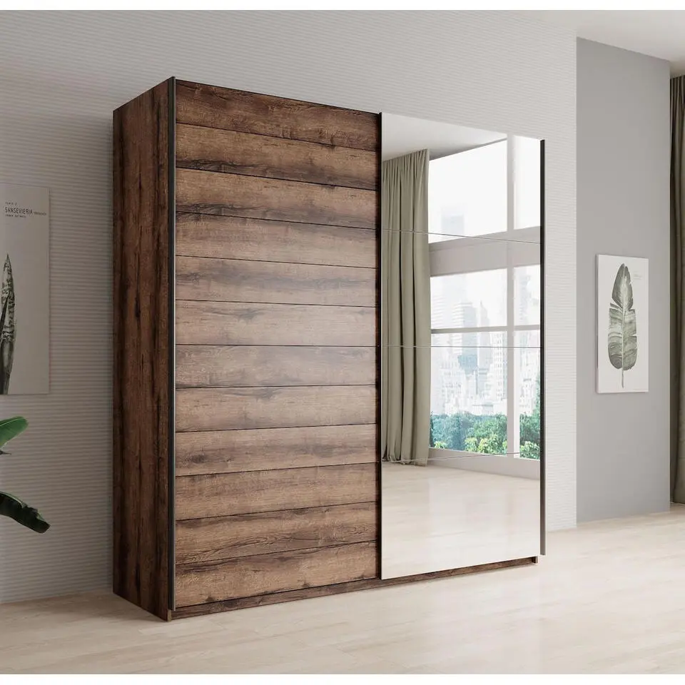 Meubella - Kledingkast Brown - Eiken - 180 cm - Met spiegel