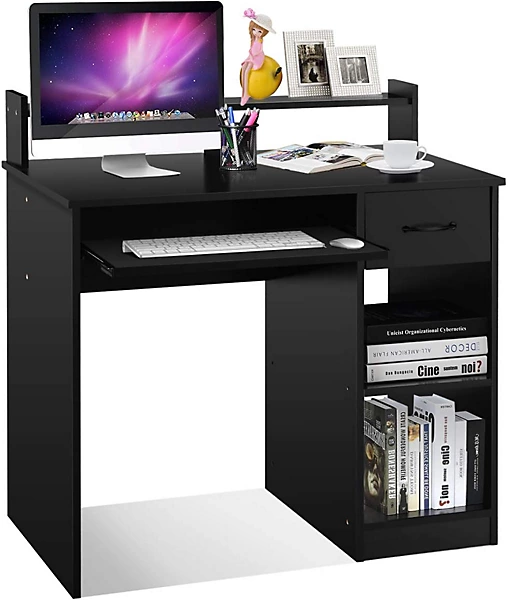 Bureau Informatique avec 1 Tiroir et 2 Etageres Table Ordinateur avec Planche a Clavier Coulissante Chambre Noir