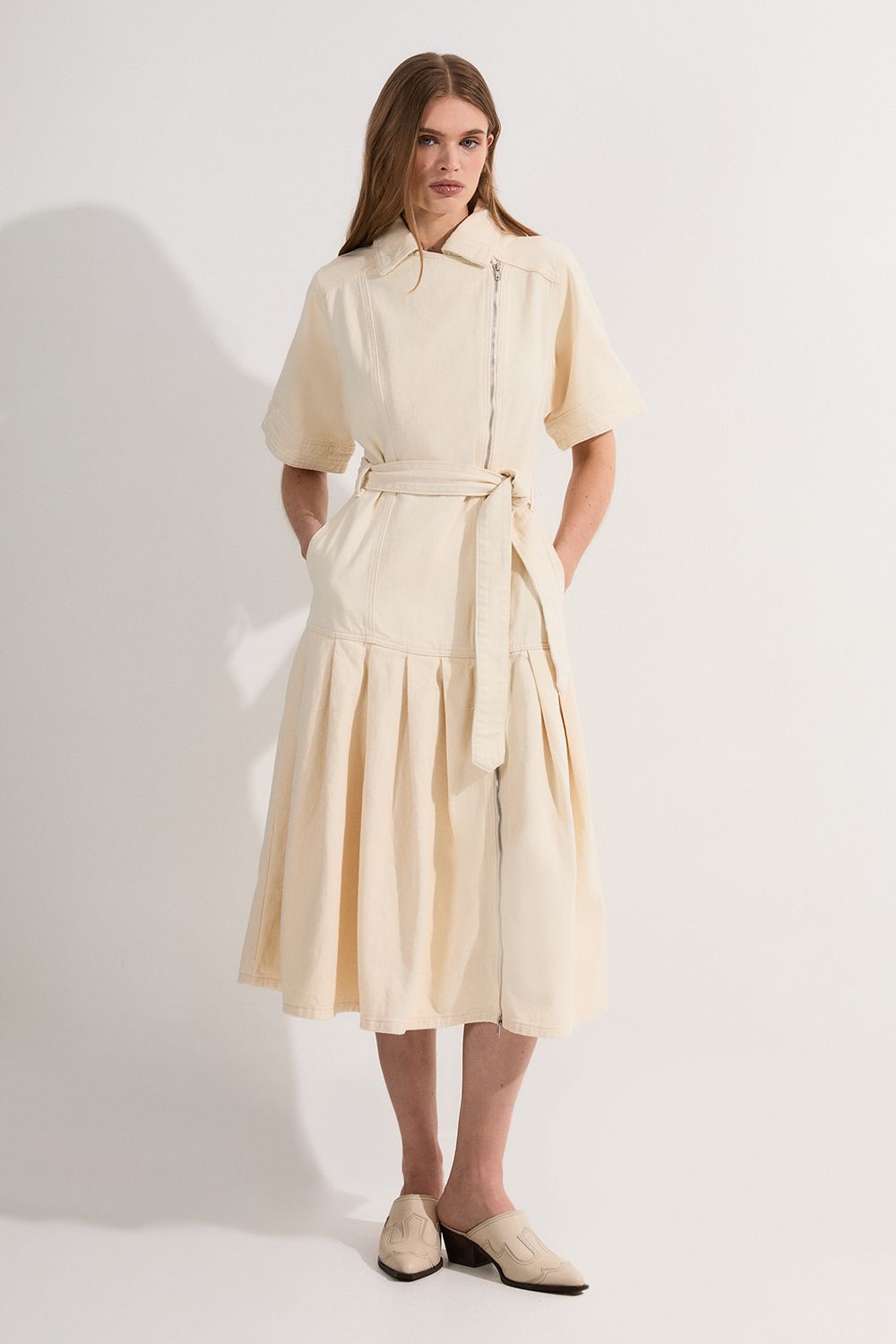 KarenMillen Denim Pleated Hem Biker Dress