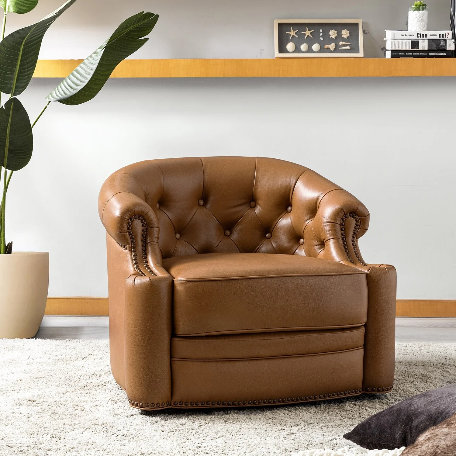 Felipe Modern Genuine Leather Swivel Chair With Tufted Back By HULALA HOME