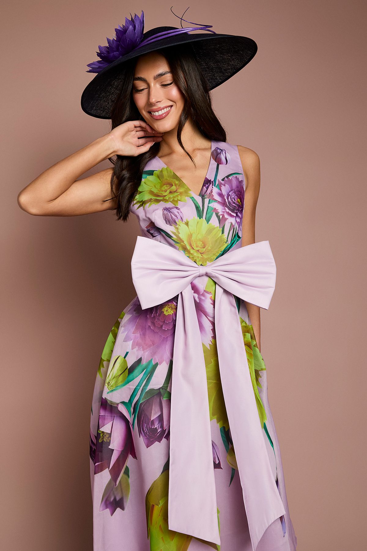 Coast Lisa Tan Bow Front Floral Midi Dress