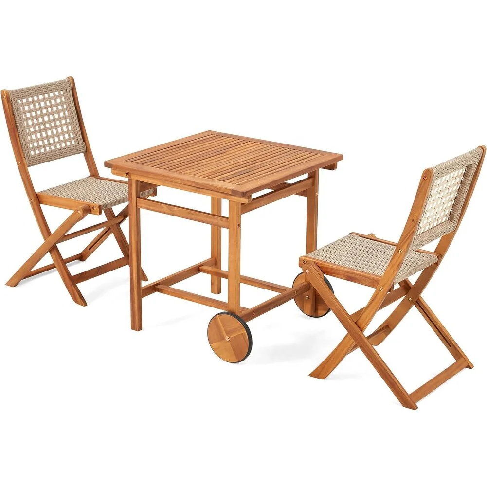 AECOJOY Outdoor Patio Dining Set, Acacia Wood Outdoor Table and Chairs with Wheels, Farmhouse Style Portable Dining Set