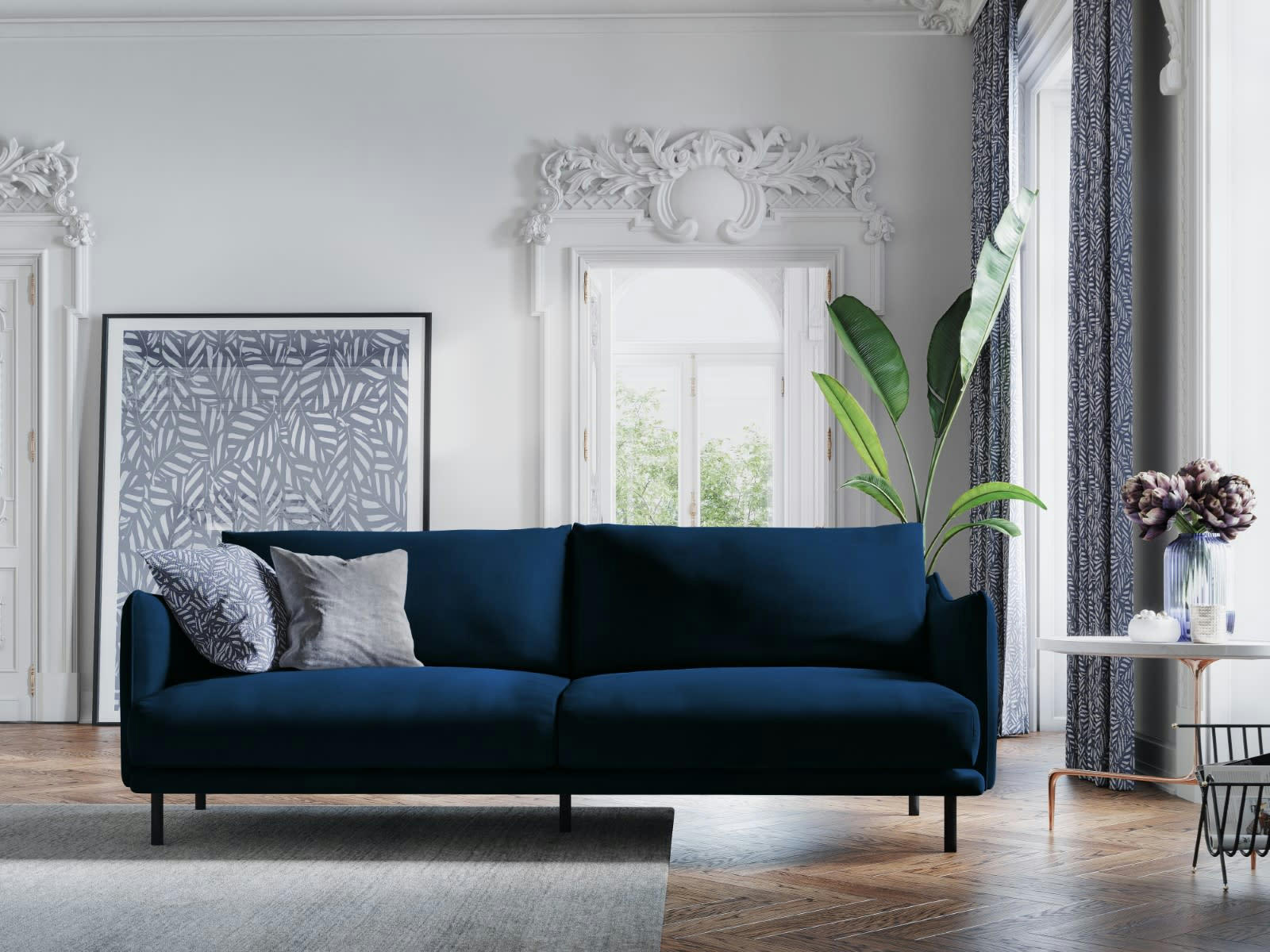 PARIS - Canapé 4 places en Velours Bleu Roi