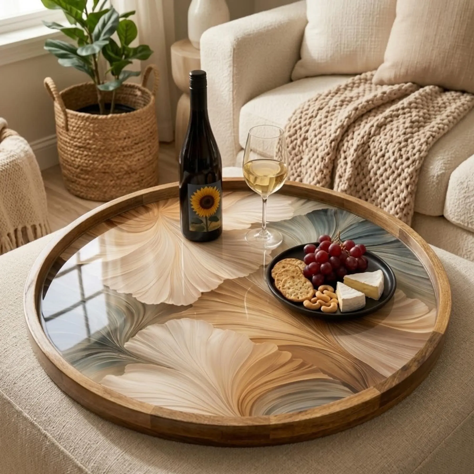 Abstract Beige Mango Wood Serving Tray | Round Ottoman Coffee Table Decor