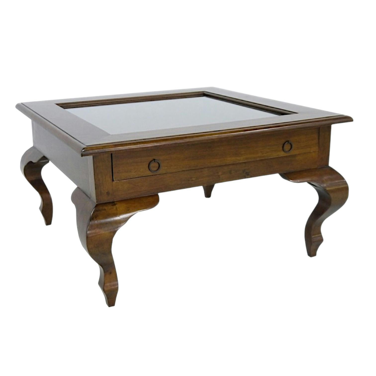 Table basse vitrée Hévéa 1 tiroir, pieds galbés 80x80x46cm MAORI