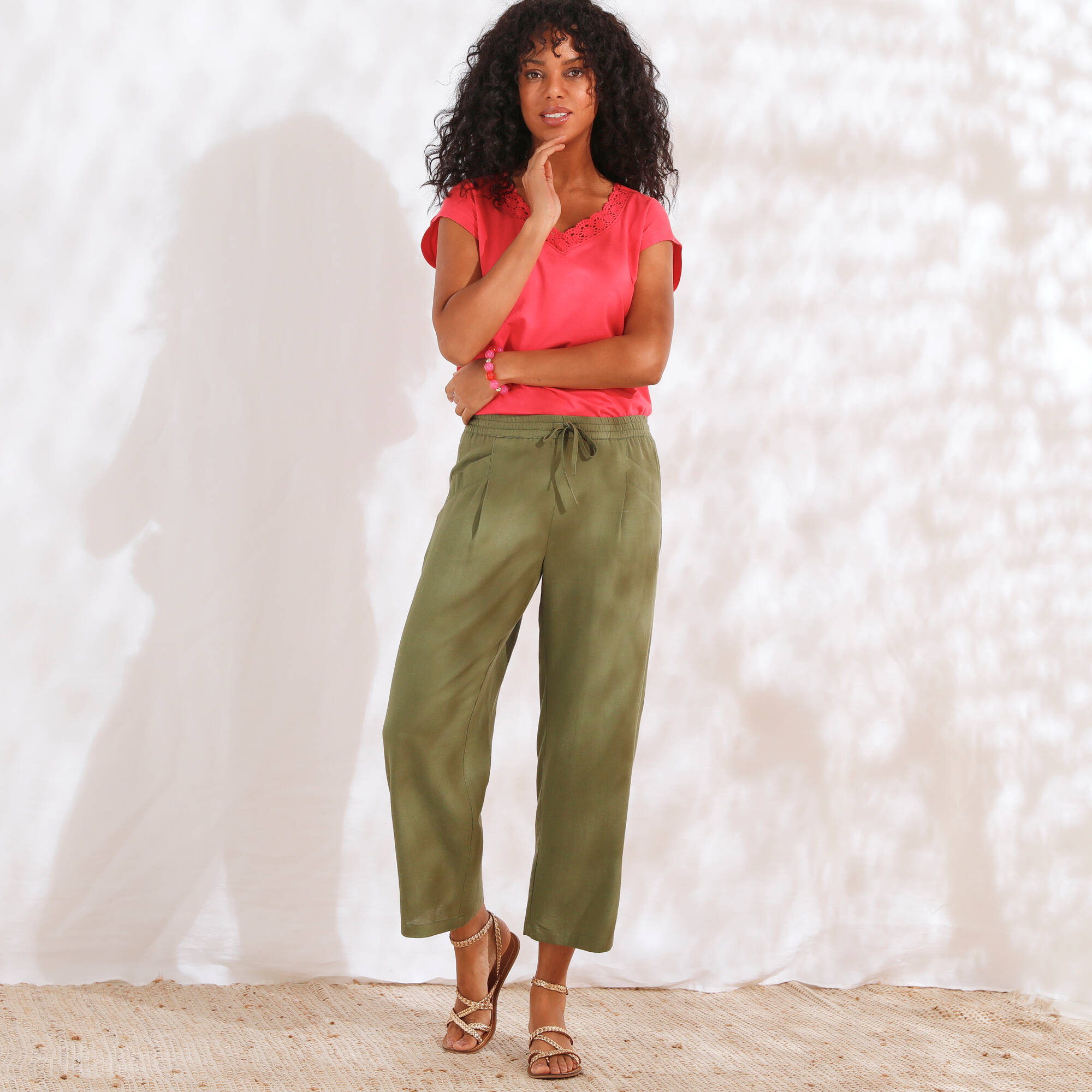 Pantacourt large, viscose et lin