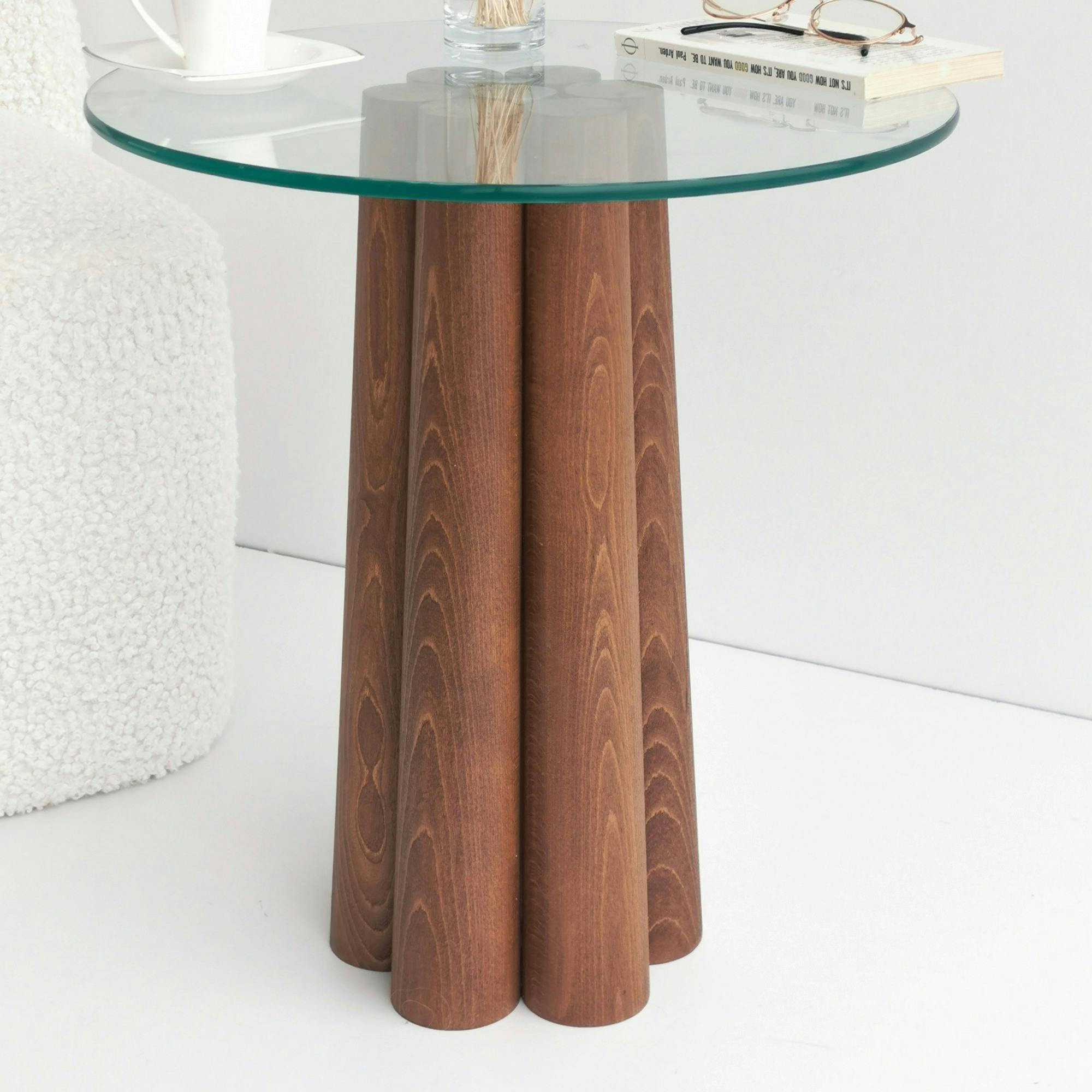 Bout de canapé en verre et bois brun - base sculptée ANZIO