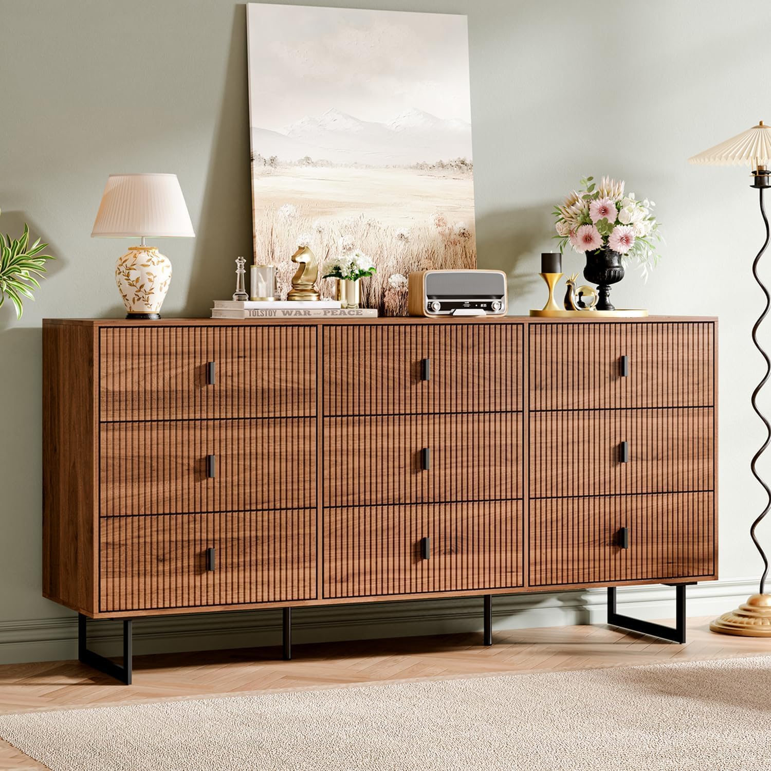 Modern Chest of Drawers with 9 Drawers,Deep Drawers,Clothes Organizer,Large Storage Cabinet for Living Room, Bedroom,Hallway,with Anti-Tipping Device, Walnut.