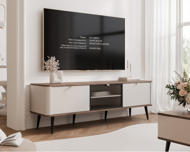 Szafka RTV NAVANI 160 cm z ryflowanym szkłem kaszmir/orzech