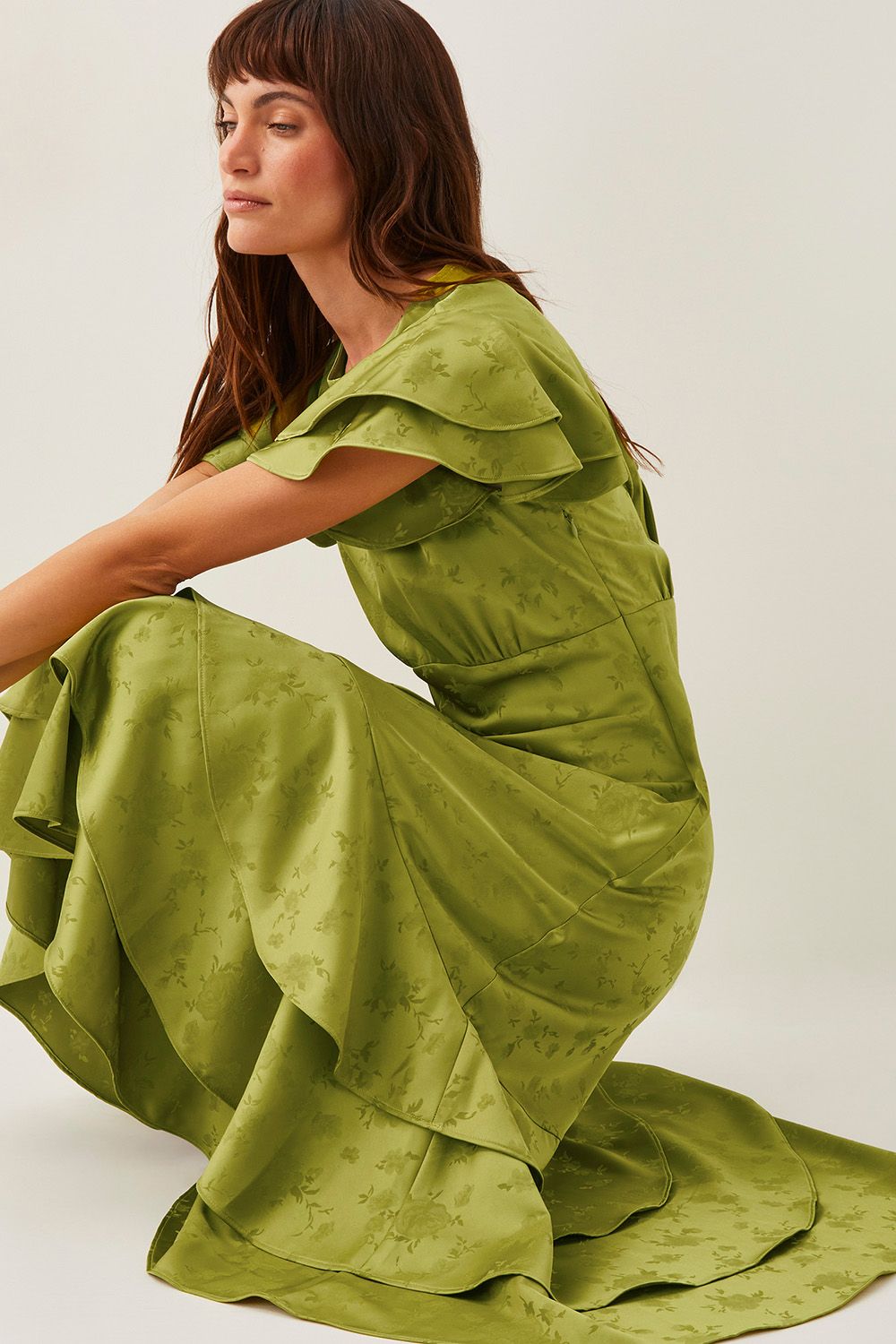 Monsoon Ester Satin Ruffle Midi Dress Red