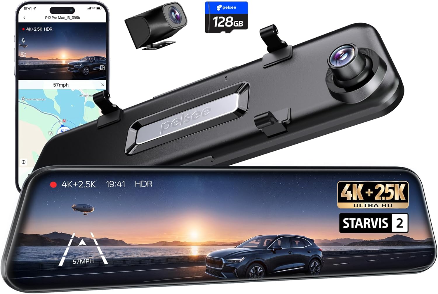 Pelsee 4K+2.5K Mirror Dash Cam with Front Starvis 2 IMX678 & Rear IMX335  12 Rear View Mirror Camera  Color Night Vision  5.8GHz WiFi  ADAS & BSD  Included OBD Hardwire Kit  128GB Card  P12 Pro Max