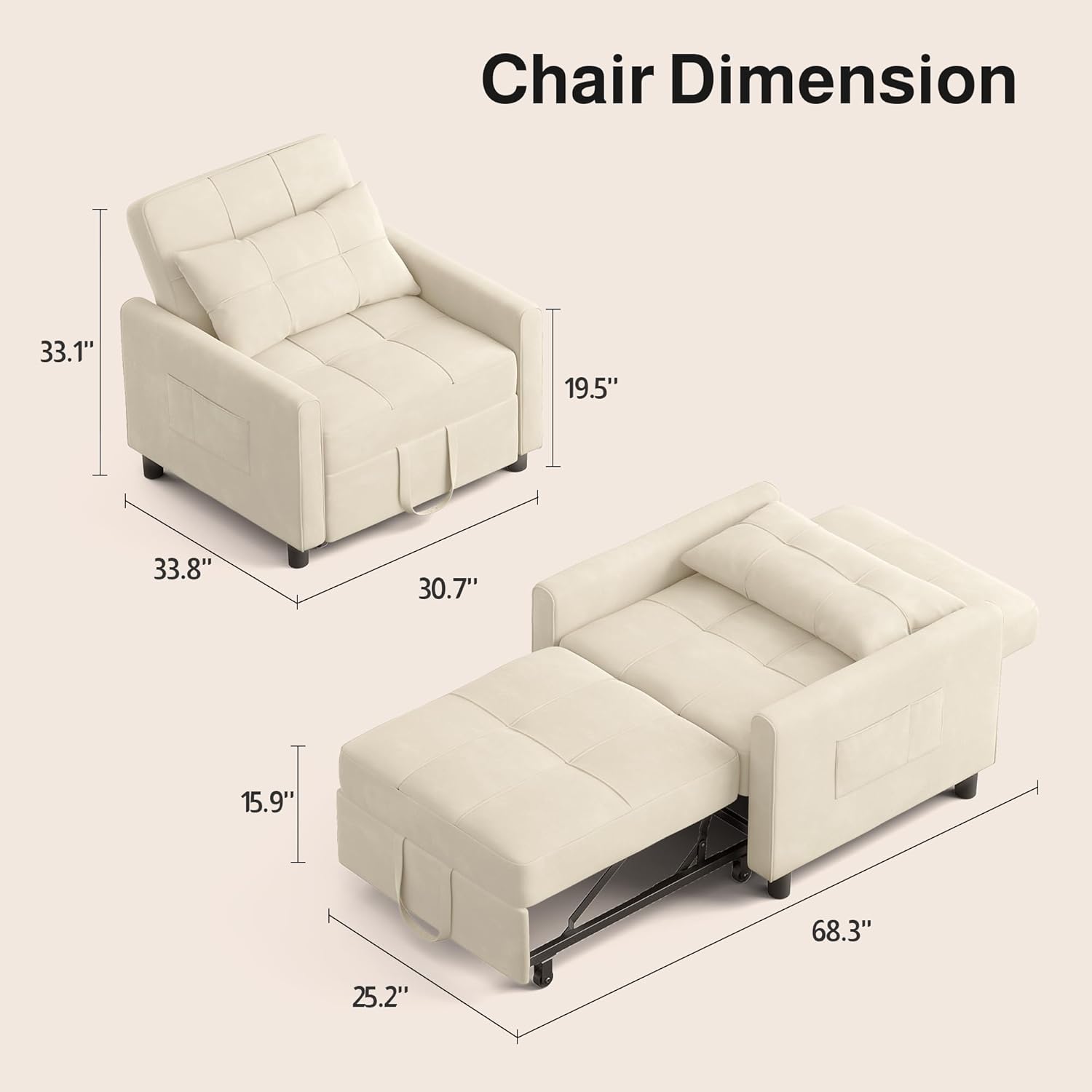 Ahomly Convertible Sofa Bed, 3-in-1 Multi-Functional Sleeper Chair Bed, Adjustable Backrest Recliner with Modern Linen Fabric for Living Room Bedroom Apartment Small Space, Beige