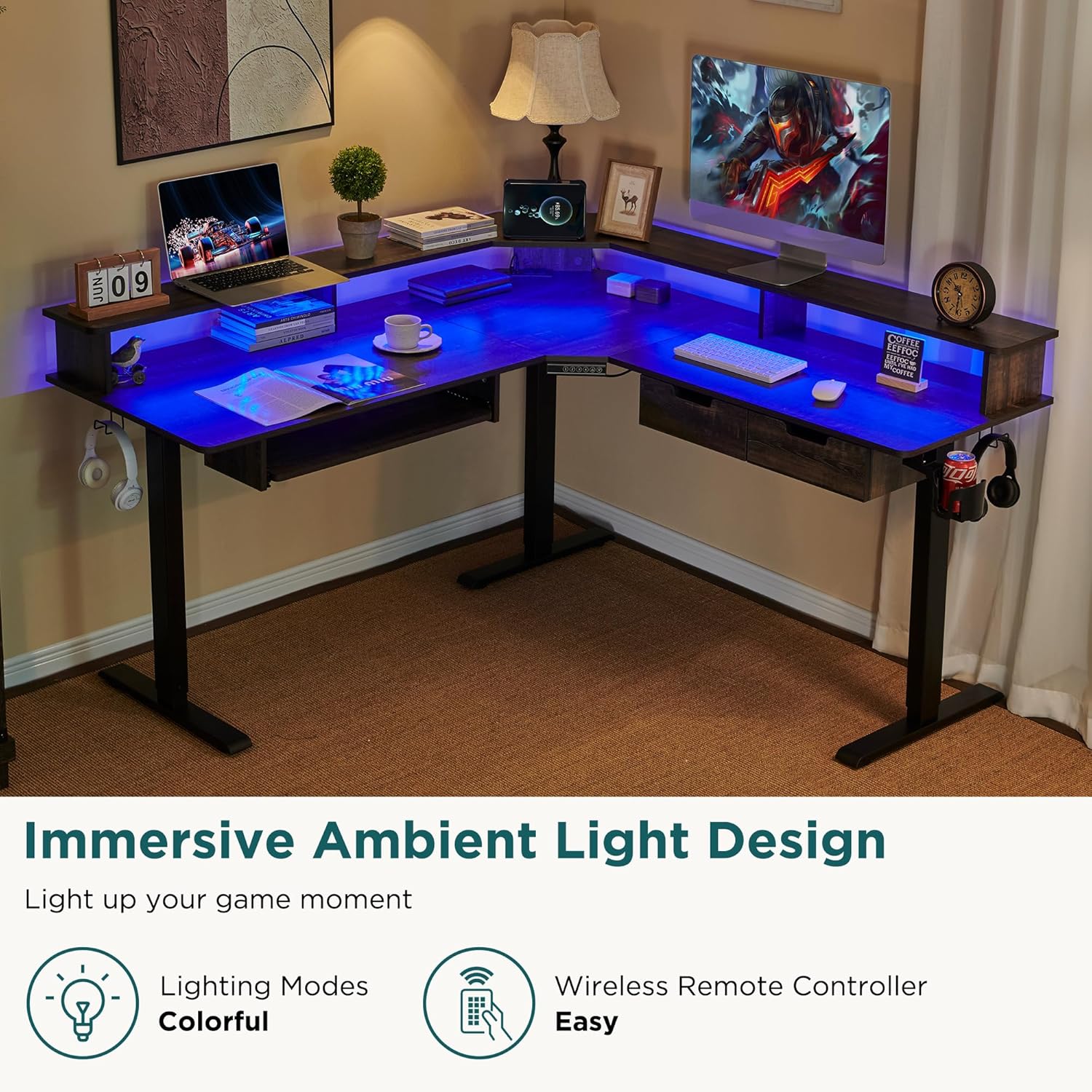 RedLemon L-Shaped Electric Standing Desk, 60 inches Motor Height Adjustable Sit Stand Corner Desk with Led, Large Home Office Desk Computer Workstation, Dark Rustic Oak