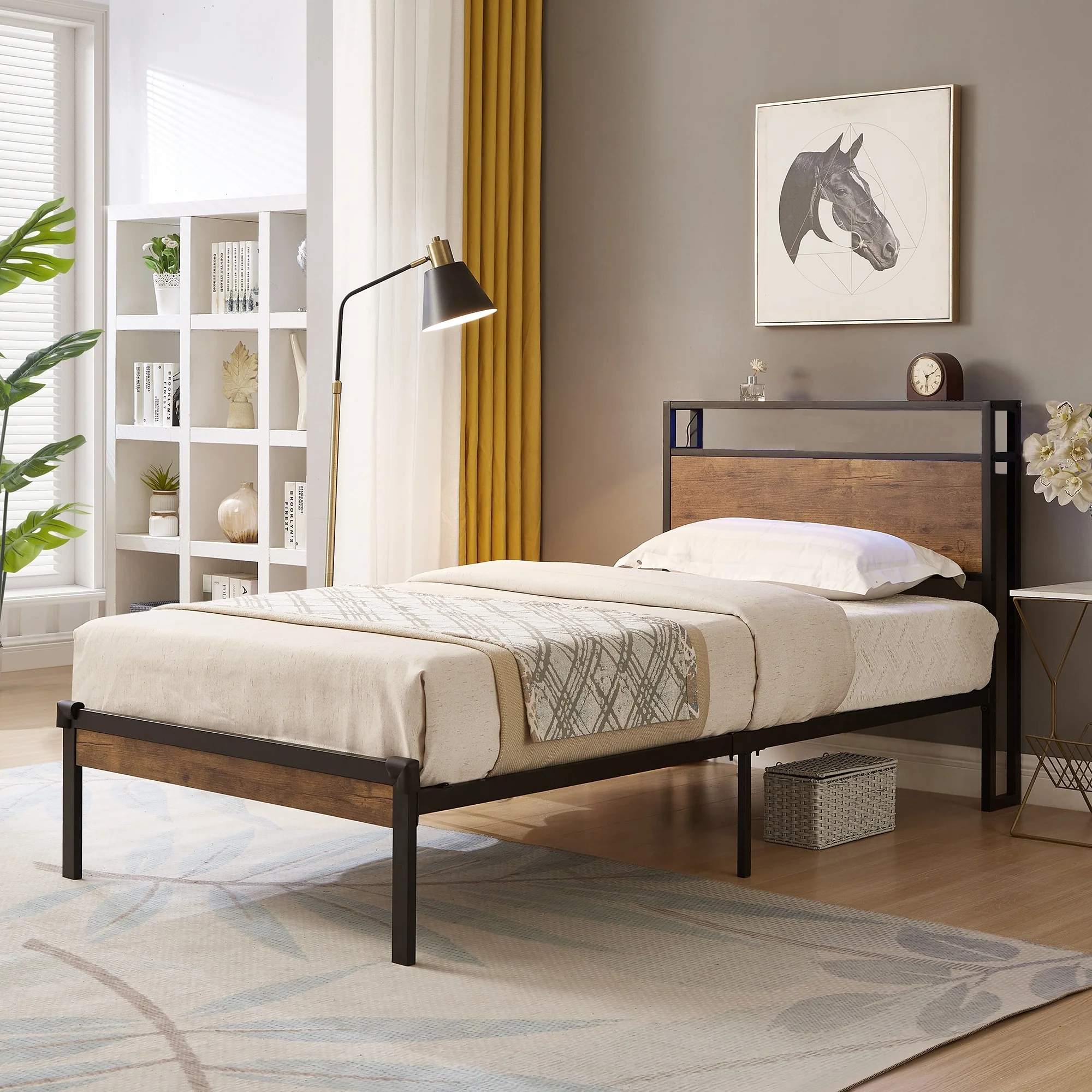Twin Size Metal and Wood Platform Bed Frame with USB Port