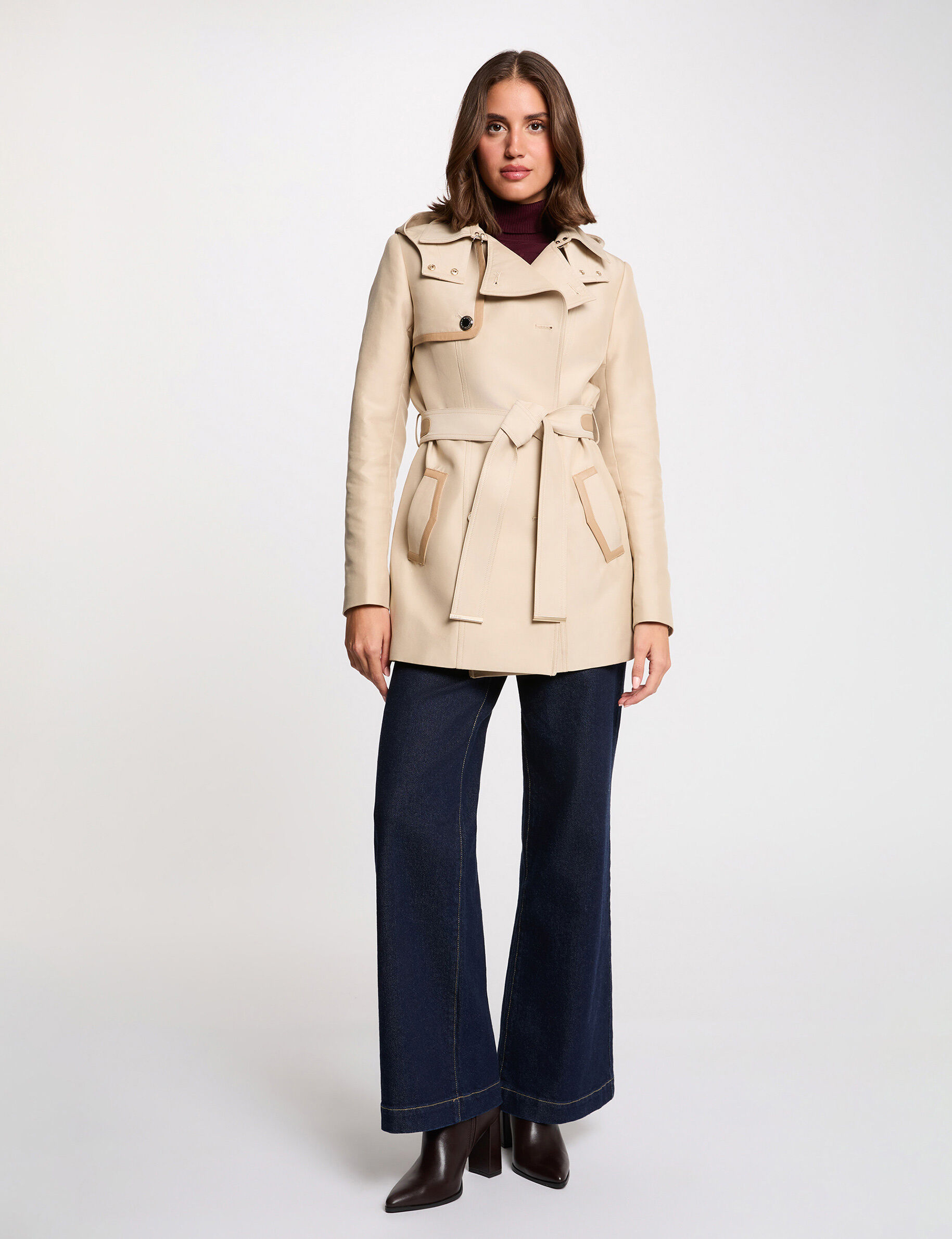 Mid-Length Trench With Hood Beige Women