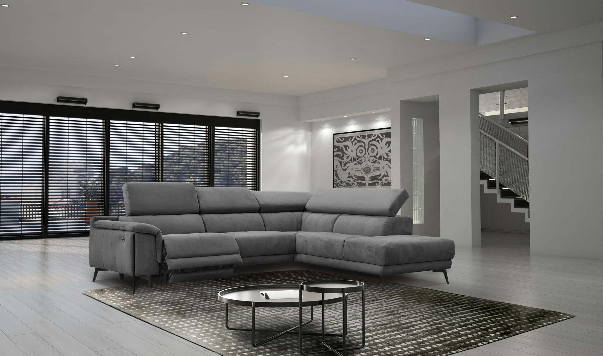 MATERA - Canapé d'angle droit 5 places avec une relax électrique, Tissu Gris