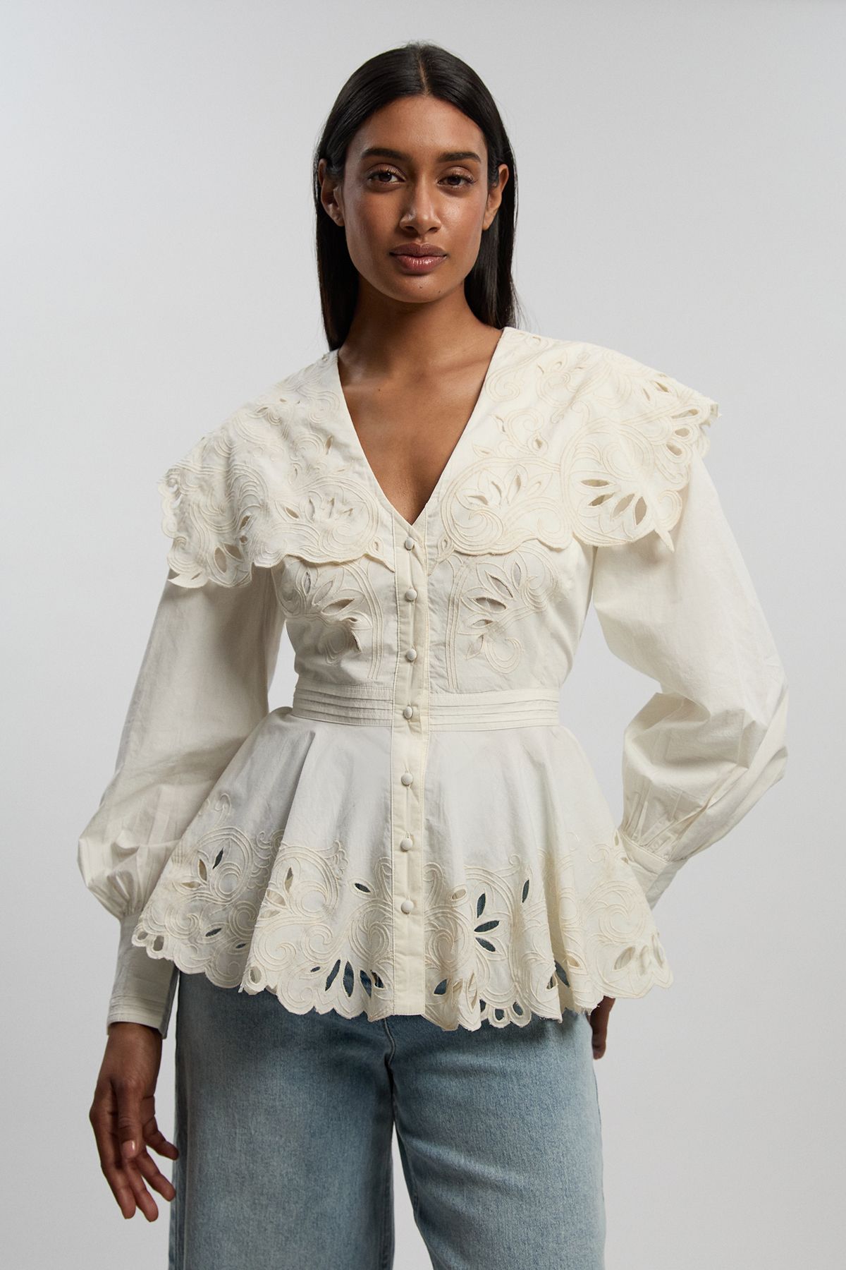 KarenMillen Cutwork Button Collar Detail Woven Blouse