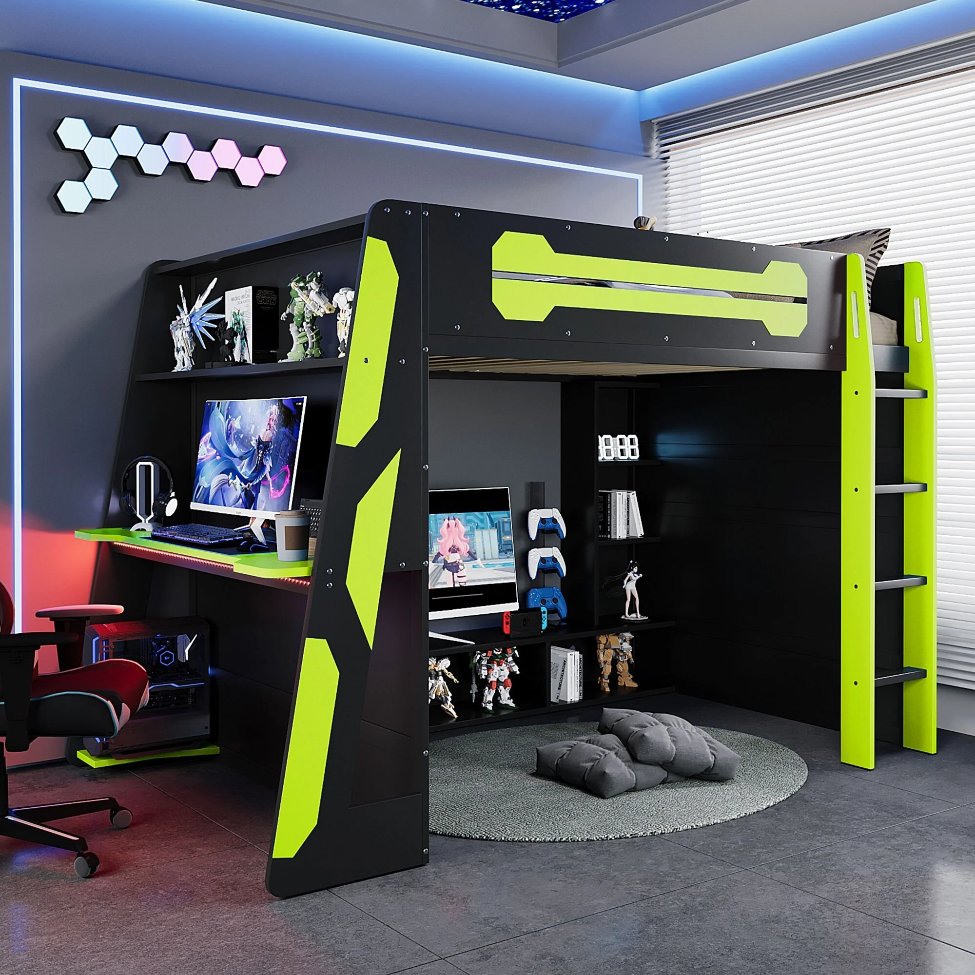 Esports Style Bed Full Gaming oft Bed Wood Frame Loft Bed with All-in-one Work Play Desk, Bookcase Shelves and RGB Ambient Light