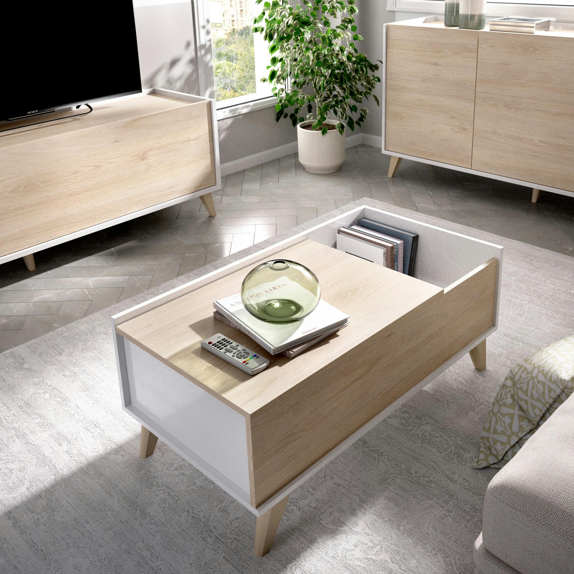 DBURS - Table basse effet bois chêne et blanc