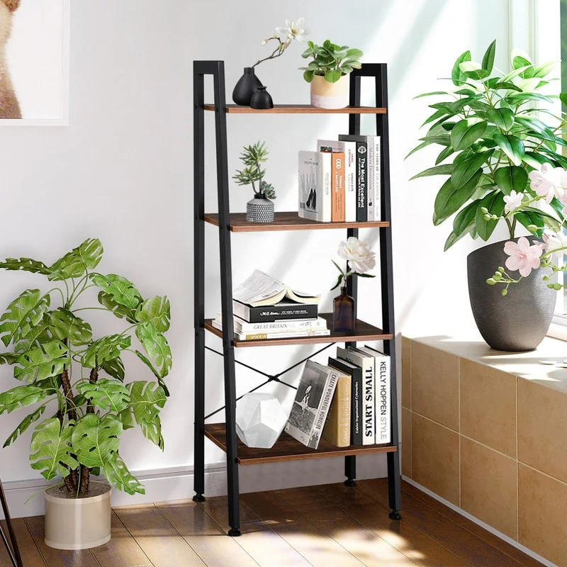4 Tiers Industrial Ladder Bookcase Storage Rack Shelf Brown