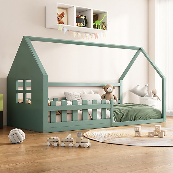 Lit cabane 90x200cm, lit plat d'enfant avec barre de maison, sommier à lattes, pin, vert