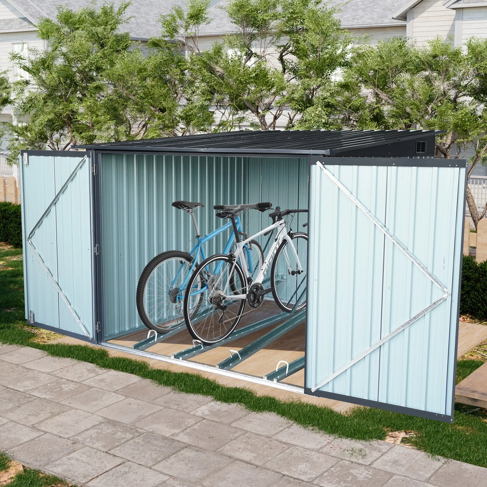Bike Shed Storage Shed with Adjustable Bike Tracks & Double Lockable Doors All-Weather Garden Shed, Rustproof, Water-proof