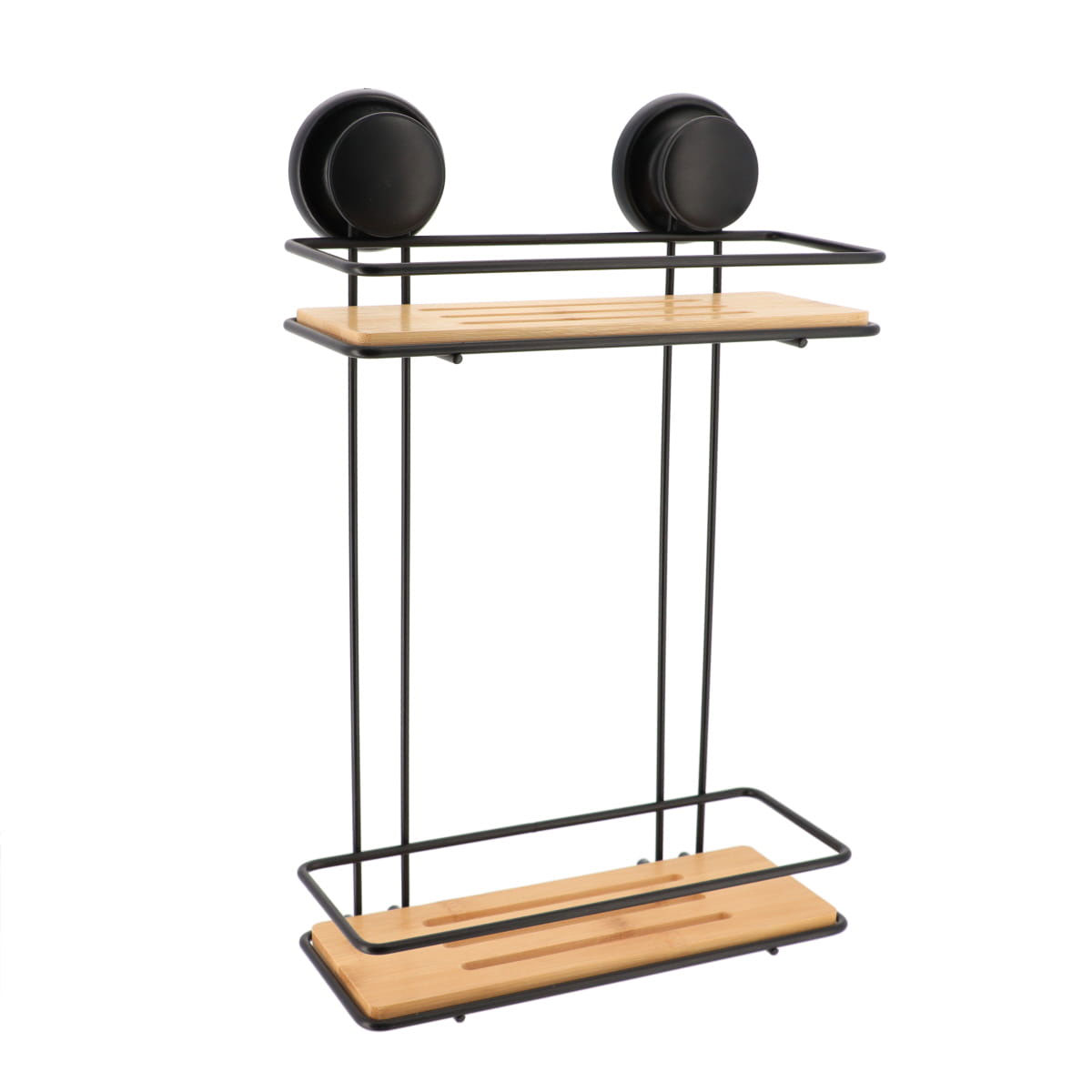 Suporte de duche preto com 2 níveis em metal e bambu