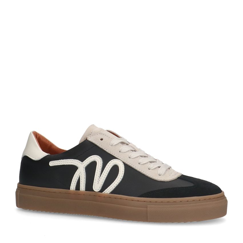 Manfield Zwarte leren sneakers met suède details