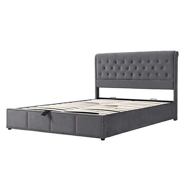 Lit Rembourré 160x200 Cm,cadre De Lit Avec Rangement,lit Double Ornementation De Rivets,gris