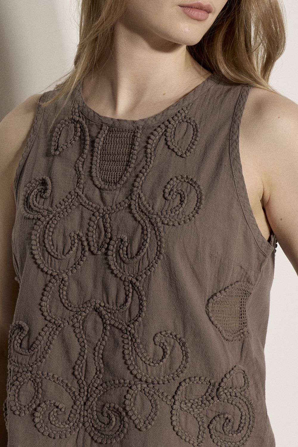 Apricot Embroidered Cotton Shell Top