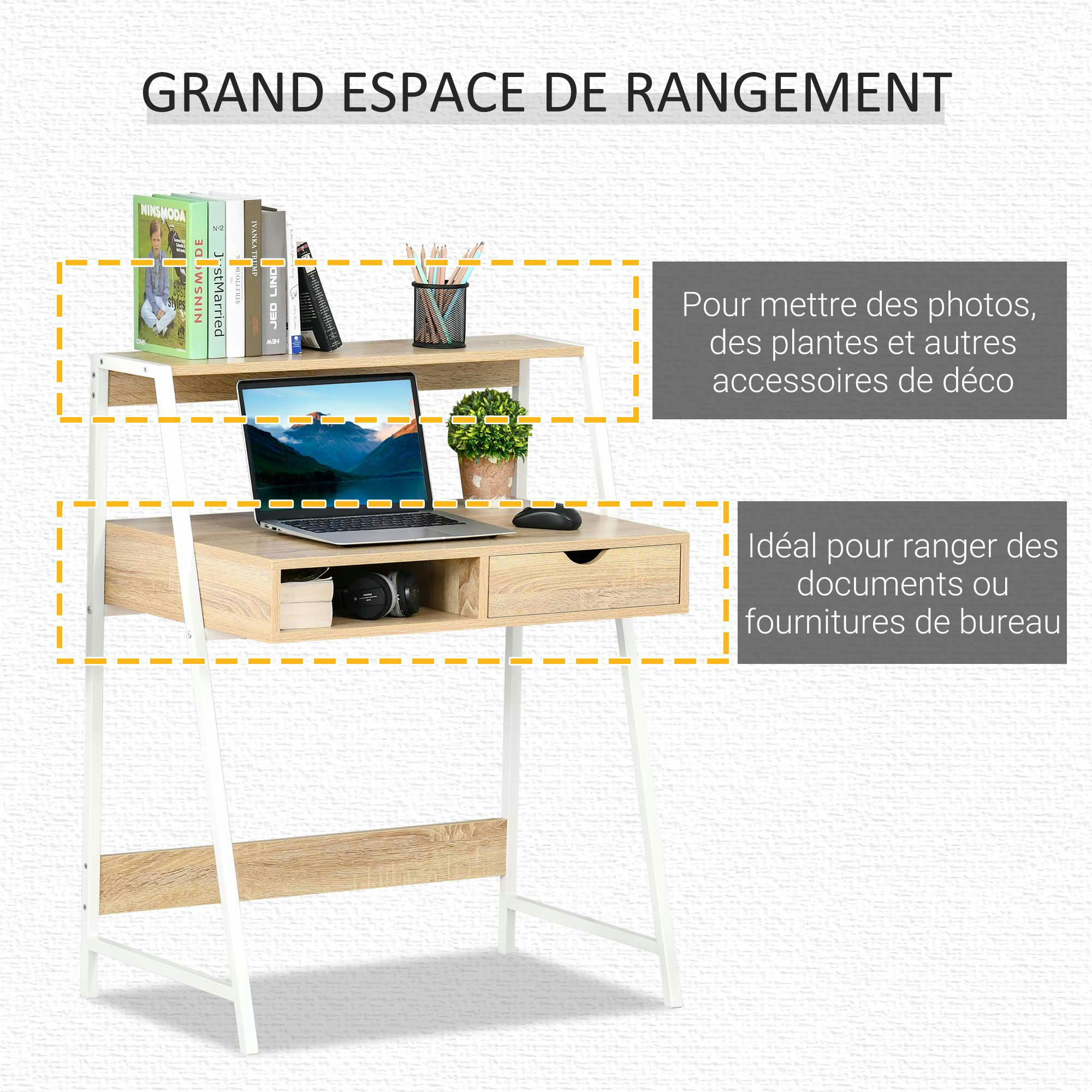 - Bureau secrétaire néo-rétro tiroir niche étagère aspect chêne clair